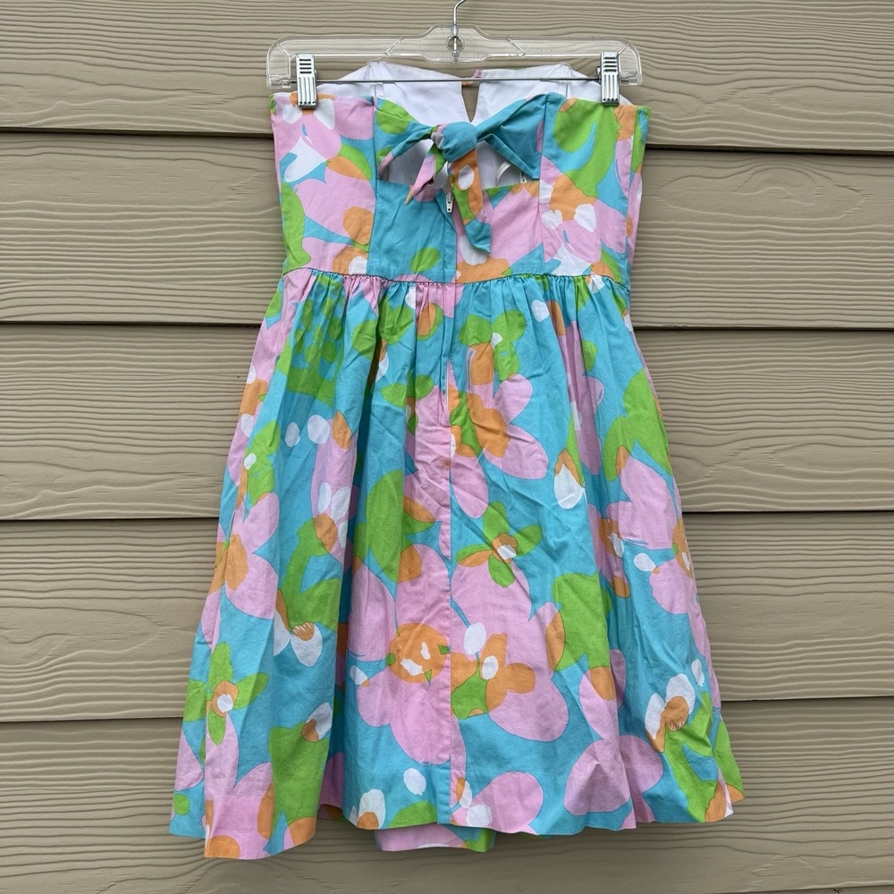 Lilly Pulitzer Y2K Floral Strapless Dress Sz4 Bow Back Fit Flare Preppy Cottage - Picture 4 of 10
